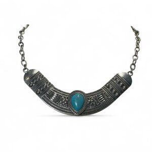 Boho Y2K Silver Tone Turquoise Colored Tribal Statement Necklace Festival Vibes